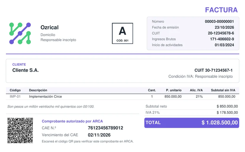 Factura A emitida con Circe, con el logo de Ozrical, CAE de ARCA y código QR. Datos de ejemplo.
