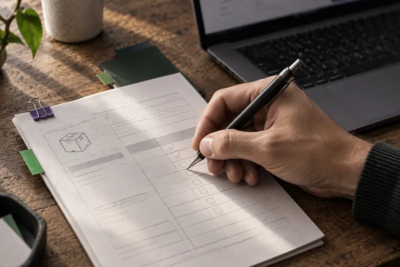 Una mano revisa con un bolígrafo un formulario de entrega impreso junto a una notebook.